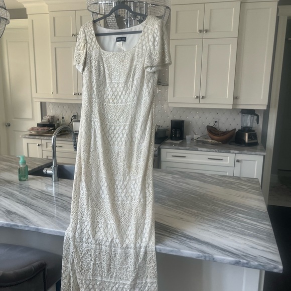 Vintage mother  of the bride floor length gown cream gold lace crochet effect - Picture 13 of 17